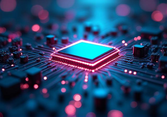 Representación de chips de ordenador y circuitos, destacando la defensa de patentes tecnológicas.